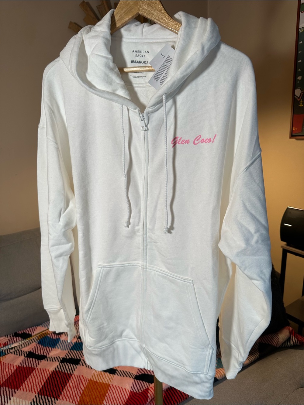 American Eagle Outfitters Mean Girls White Zip-Up Hoodie with Pink 'Glen Coco'